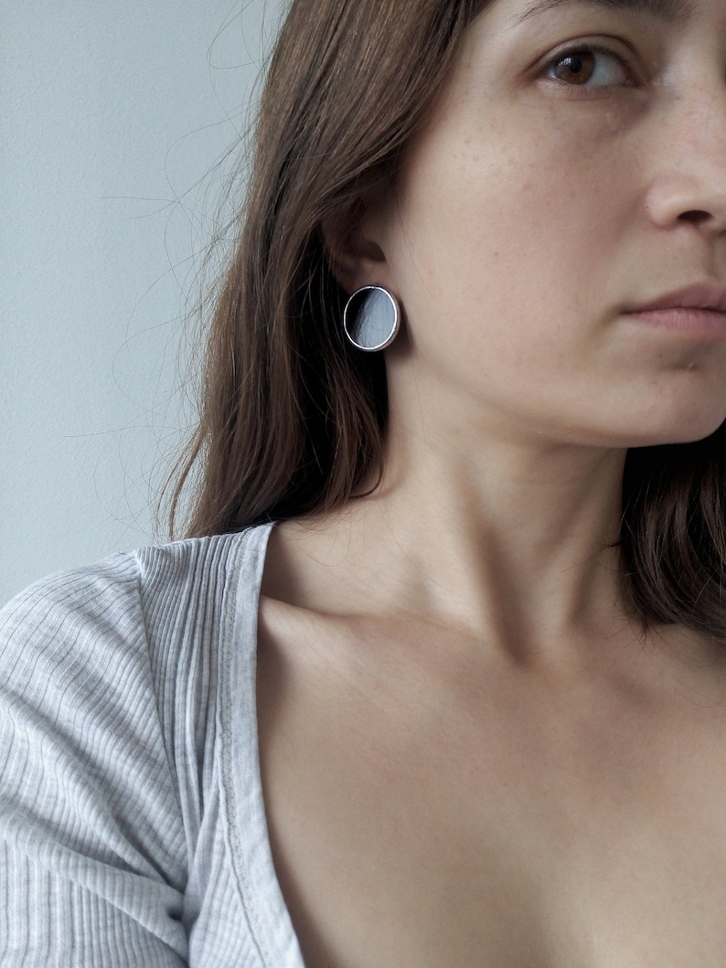 Black Round Studs Big Stud Earrings Large Silver Disc Circle Etsy