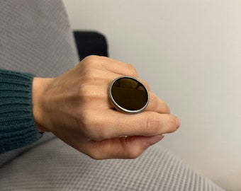 Khaki Green Statement Ring – Large Glass Disc Cocktail Ring