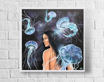 Girl with Jellyfish Painting Print, Fine Art Print, Artwork, Colorful, Giclee, Surrealism, Galaxy, Trippy