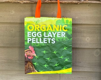 Chicken Organic Egg Layer Pellets Upcycled Tote Bag, Upcycled Market Tote, Repurposed Tote, Upcycled Feed Bag, Grocery Bag, Feed Bag