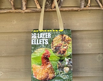 Chicken Organic Egg Layer Pellets Upcycled Tote Bag, Upcycled Market Tote, Repurposed Tote, Upcycled Feed Bag, Grocery Bag, Feed Bag Tote,
