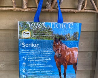 15" TALL Safe Choice Horse Upcycled Tote Bag, Upcycled Market Tote,Repurposed Tote,Upcycled Feed Bag,Grocery Bag,Feedsack Tote,Feed Bag Tote