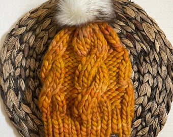 WILLOW BEANIE - chunky cable knit hat with fur pom pom - orange/brown fur