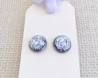 Silver Holographic Glitter 12mm Stud Earrings - Hypoallergenic - Wedding Jewelry - Bridesmaids - Glitter - Stud Earrings