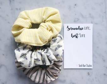 Dainty Bumble Bee Scrunchie Pack - Honey - Winnie The Pooh - Bees - Seersucker - Messy Bun - Hair Ties - Stripes - Scrunchies - Bridgerton