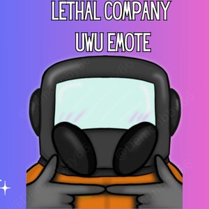 May include: A black and orange cartoon character with a black helmet and a large visor. The character has a pink blush on its cheeks and is making a 'uwu' face. The text 'LETHAL COMPANY UWU EMOTE' is above the character.