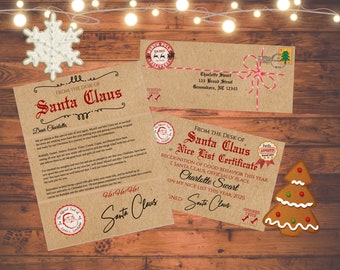 Op de afbeelding: Een printbare brief en certificaat van de kerstman voor een kind genaamd Charlotte Swart. De brief is geschreven op een bruine papieren achtergrond en bevat een rood kerstman-zegel. Het certificaat is rood en wit met een groene peperkoekboom.