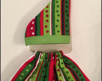 Christmas Elf Skirt and Hat Set - Green Red Stripes and Polka Dots - Christmas Holiday Winter Doll Clothes for Girl Elves