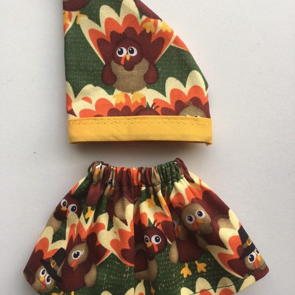 Christmas Girl Doll Elf Skirt & Hat Set Thanksgiving Pilgrim Turkeys Yellow Trim Fall Autumn Elves Holiday Fashion Wear