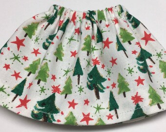 White with Christmas Glitter Pine Trees and Red Stars - Cotton Elf Doll Skirt - Girl Elves Snow Gear - Winter Holiday Doll Clothes