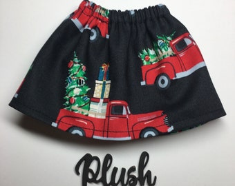 19" Plush Pal Soft Doll - Christmas Elf Skirt - RED TRUCKS on Black - Christmas Trees Presents in Pickup - Wrapped Gifts  Kids Gift Under 10