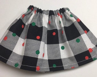 Falda de muñeca de elfo de Navidad- Cheque de búfalo blanco negro con pequeños lunares de Navidad - Ropa de moda de elfos navideños