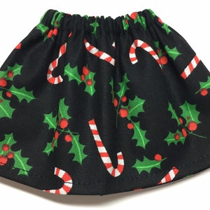 Candy Canes & Holly on Black - Christmas Elf Girl Doll Skirt- Xmas Kids Gift Under 10 - Holiday Elves Winter Fashion Clothing