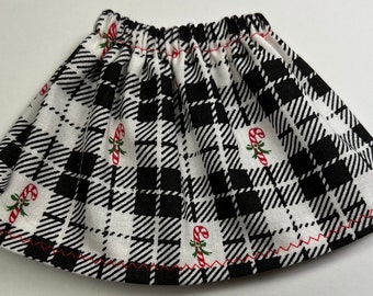 Falda de muñeca de elfo de Navidad- Blanco negro con cuadros de bastones de caramelo - Ropa de moda de elfos navideños