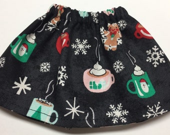 Hot Chocolate Christmas Cookies and Snowflakes on Black - Christmas Elf Skirt - Girl Doll Clothing - Holiday Outfit - Gift Under 10 - Cocoa