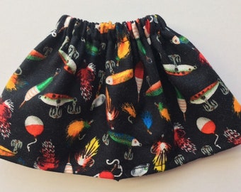 Black Skirt with Colorful Fly Fishing Hooks Bobbers Lures - Fits Christmas Elf Doll - Sporting Goods Clothing Fishing Fun for Kids