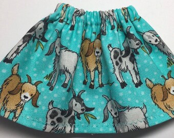 HAPPY GOATS on AQUA - Christmas Elf Doll Skirt - Farm Animal Pets - Doll Clothes for Holiday Elves - Barn Yard Fun - Country Living