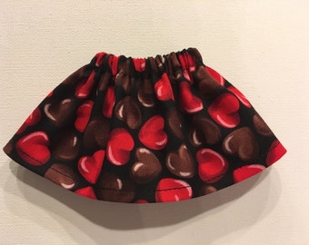 Christmas Elf Girl Doll Skirt Valentine's Day or Birthday Red & Chocolate Brown Hearts