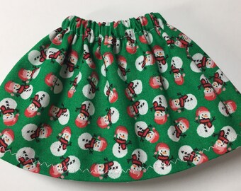 Christmas Elf Doll Skirt Green With Tiny Snowmen All Over Winter Holiday Clothes for December Elves Winter Girl Gear