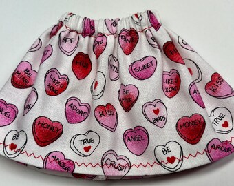 Pink and Red Conversation Hearts on White - Christmas Elf Doll Skirt - Valentine's Day Surprise Gift - Love February 14