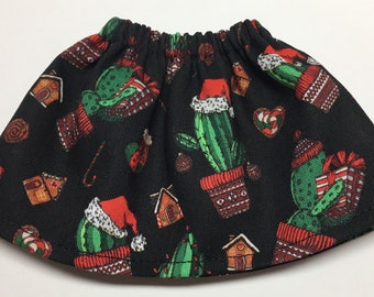 Christmas Cactus on Black - Xmas Elf Skirt - Girl Doll Clothing - Holiday Outfit - Gift Under 10 - Candy Canes Gingerbread House Stockings