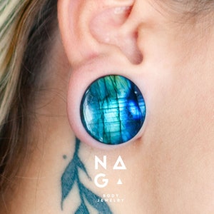 1 Pair of Premium BLUE LABRADORITE stone ear plugs for stretched ears, double flare ear gauges