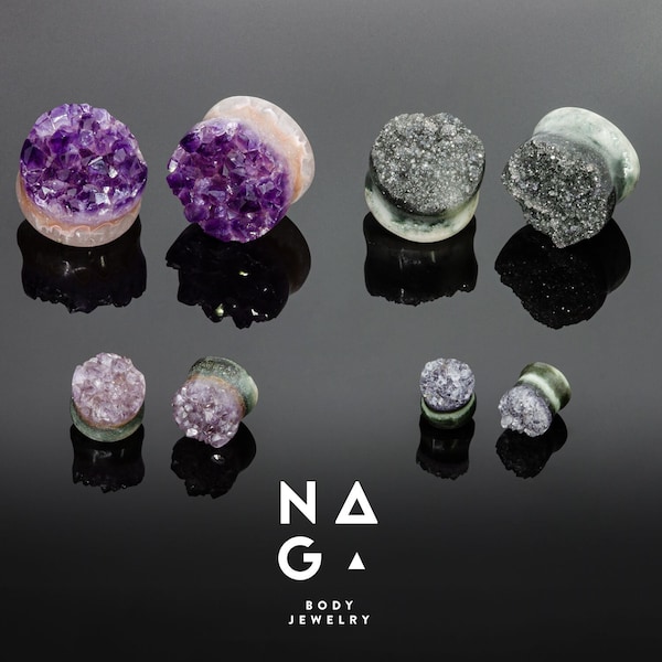 1 par de tapones Druzy AMETHYST, tapones para los oídos de piedra, medidores únicos