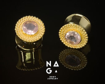 1 Paar facettierte ROSENQUARZ Stecker, vergoldete Gold-Ohrringe