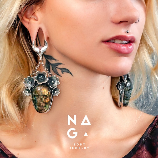 1 Pair of LABRADORITE SANTA MUERTE sterling silver ear weights - fit all sizes starting from 1.5mm, wholesale available