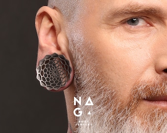 1 Pair of HONEYCOMB black ruthenium plated silver ear gauges, plugs and tunnels, wedding gauges, ear stretchers
