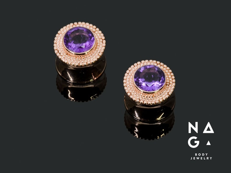 18mm 2g 0g 16mm Faceted amethyst vermeil rose gold ear plugs gauges 12mm 12 8mm 14mm 58 1116 916 00g 10mm 6mm