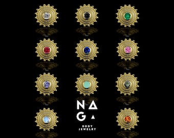 1 Piece of 18k YELLOW GOLD gemstone threadless piercing end, push pin piercing, labret/nose/tragus/cartilage/conch/helix gold body jewelry