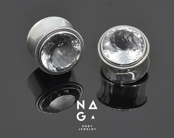 1 Pair of CRYSTAL QUARTZ stone ear plugs, silver ear plugs, unique gauges