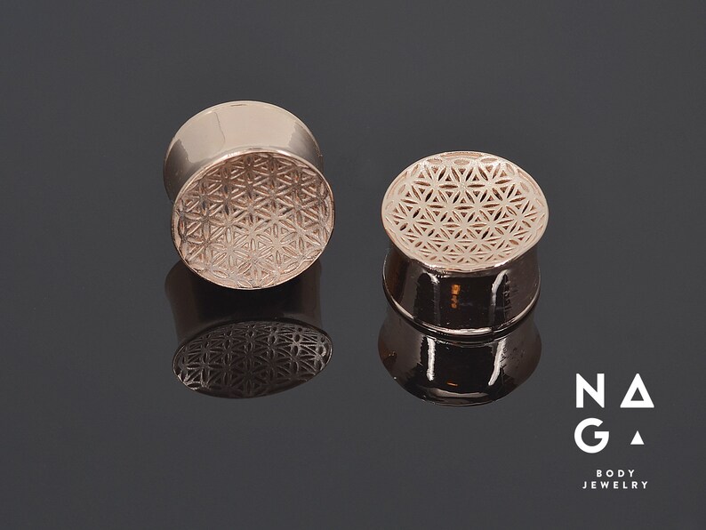 2G WHOLESALE AVAILABLE Vermeil Rose Gold Ear Plugs Gauges Sizes from 6 mm Flower of Life 1 Inch To 26 mm