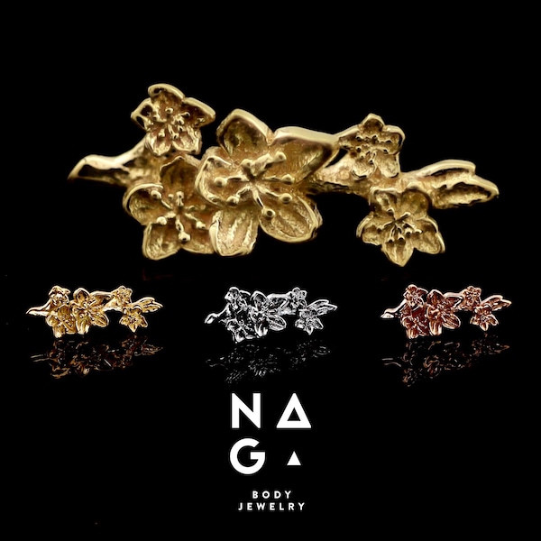 1 Piece of 14k SOLID GOLD SAKURA Cherry Blossom threadless end, push pin piercing, tragus/conch/helix gold body jewelry