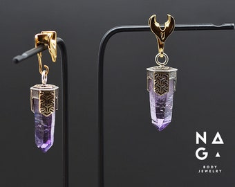 1 Pair of AMETHYST crystal point weights, 18k gold and silver weights unique weights, Geometric pattern weights