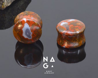 1 Pair of SEAM AGATE stone ear plugs, stone ear gauges, double flare ear plugs, organic ear gauges