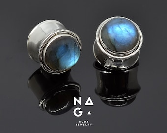 1 pair of LABRADORITE sterling silver plugs gauges stretchers, handmade, .925 silver, safe premium quality body jewelry