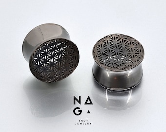 1 Pair of FLOWER OF LIFE black ruthenium plated silver ear plugs, unique gauges