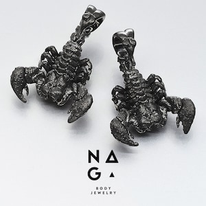 1 Pair of SCORPION black ruthenium plated silver ear weights, silver ear hangers, unique gauges