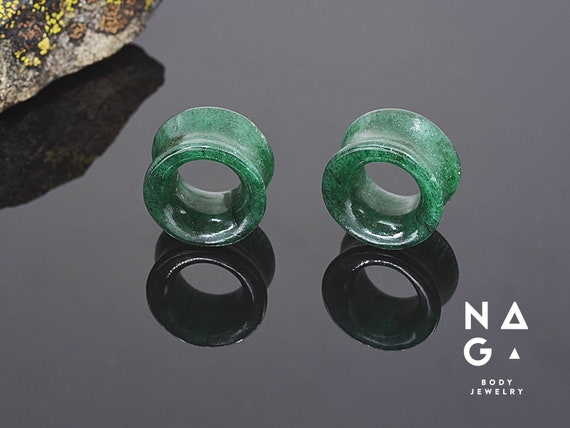 Pair Green Aventurine Semi Precious Stone Rose Flower Double Flare Ear Plugs Pair Green Aventurine Semi Precious Stone Rose Flower Double Flare Ear Plugs