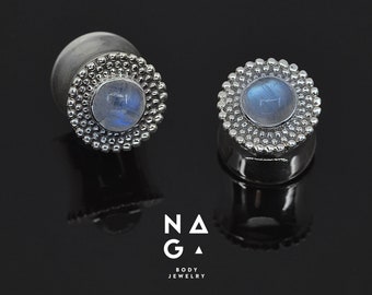 1 Pair of MOONSTONE silver ear plugs, silver ear gauges, ear stretchers, stone plugs, unique gauges