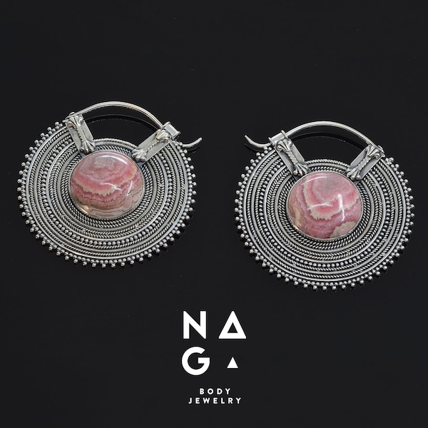 1 Pair of AFGHAN RHODOCHROSITE sterling silver disc "filigree" earrings