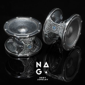 1 Pair of SOUNDSYSTEM tarnished silver ear weights, silver ear hangers, silver ear gauges, silver ear stretchers