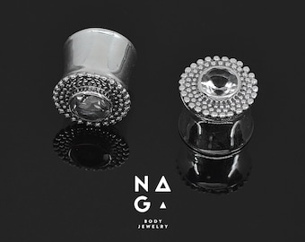 1 Pair of CRYSTAL QUARTZ stone ear plugs, silver ear plugs, unique gauges