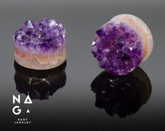 1 Pair of Druzy AMETHYST Plugs Stone Ear Plugs Unique Gauges