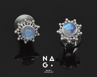 1 Pair of MOONSTONE silver ear plugs gauges - 2g (6mm) to 3/4" (20mm), wholesale available