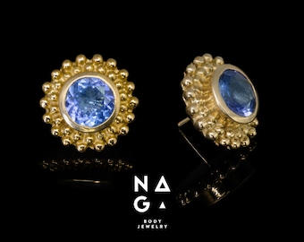 1 Piece of TANZANITE threadless 18k gold end pin, safe body piercing jewelry, professional ear piercing, premium quality