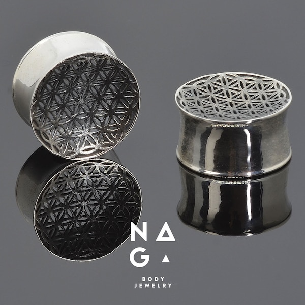 1 Pair of FLOWER OF LIFE tarnished silver ear plugs gauges, Sizes from 6 mm (2G) To 32 mm (1 1/4''), wholesale available