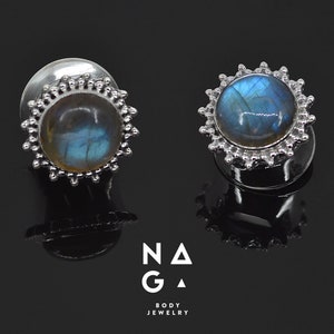 1 Pair of LABRADORITE plugs, silver ear plugs, ear stretchers, unique gauges